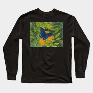 Blue Butterfly Watercolor and Ink Batik Long Sleeve T-Shirt